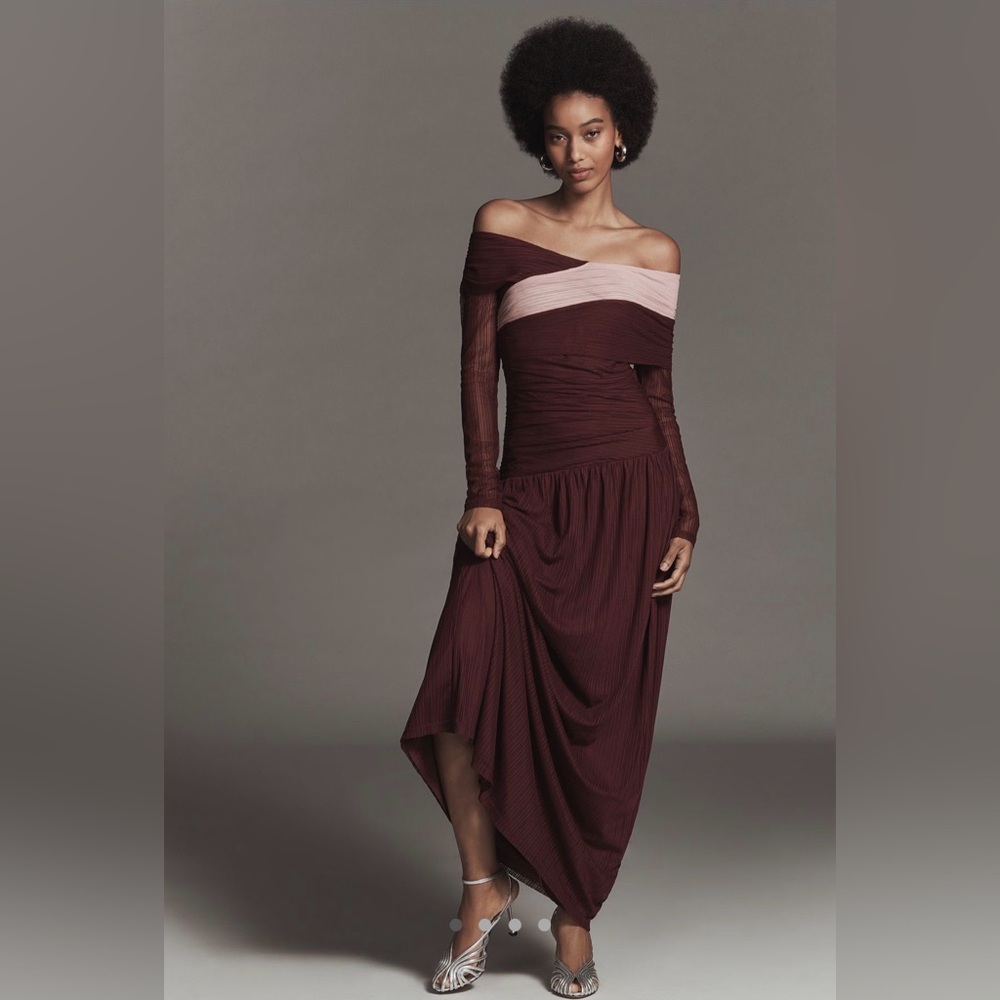 NWT - Anthropologie SOVERE Cascade Long-Sleeve Off-Shoulder Mesh Maxi Dress - L